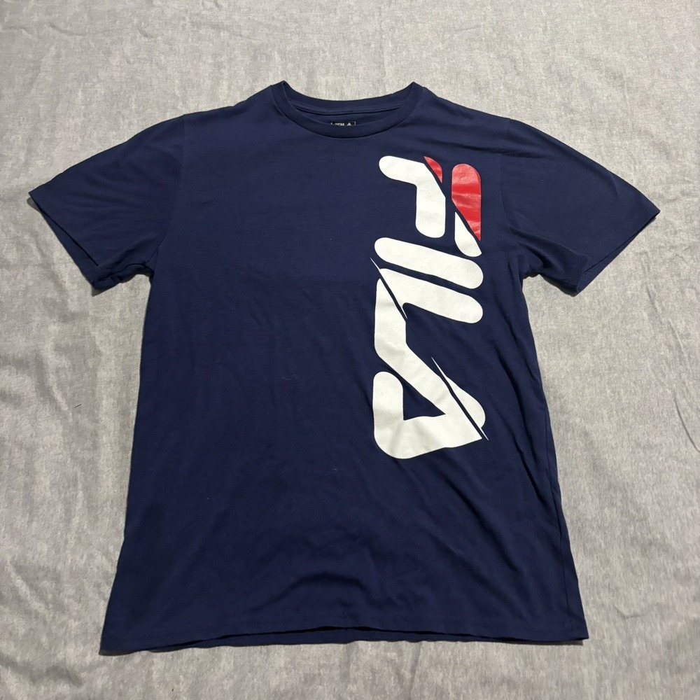 FILA Youth T-Shirt Stacked Logos Retro Sporty Style Crewneck Cotton Navy Size L